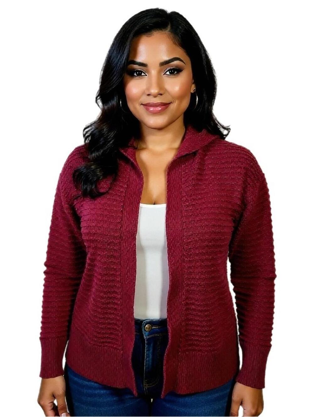 Nine West Open Front Cardigan Hooded Ribbed Knit Maroon Vintage Wine Color Sz L
